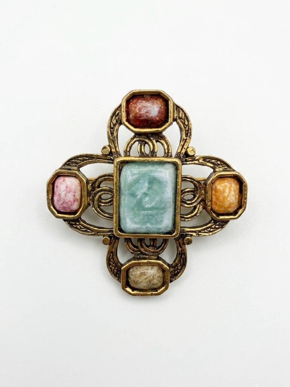 Vintage Gold Tone Faux Stone Maltese Cross Brooch Pin